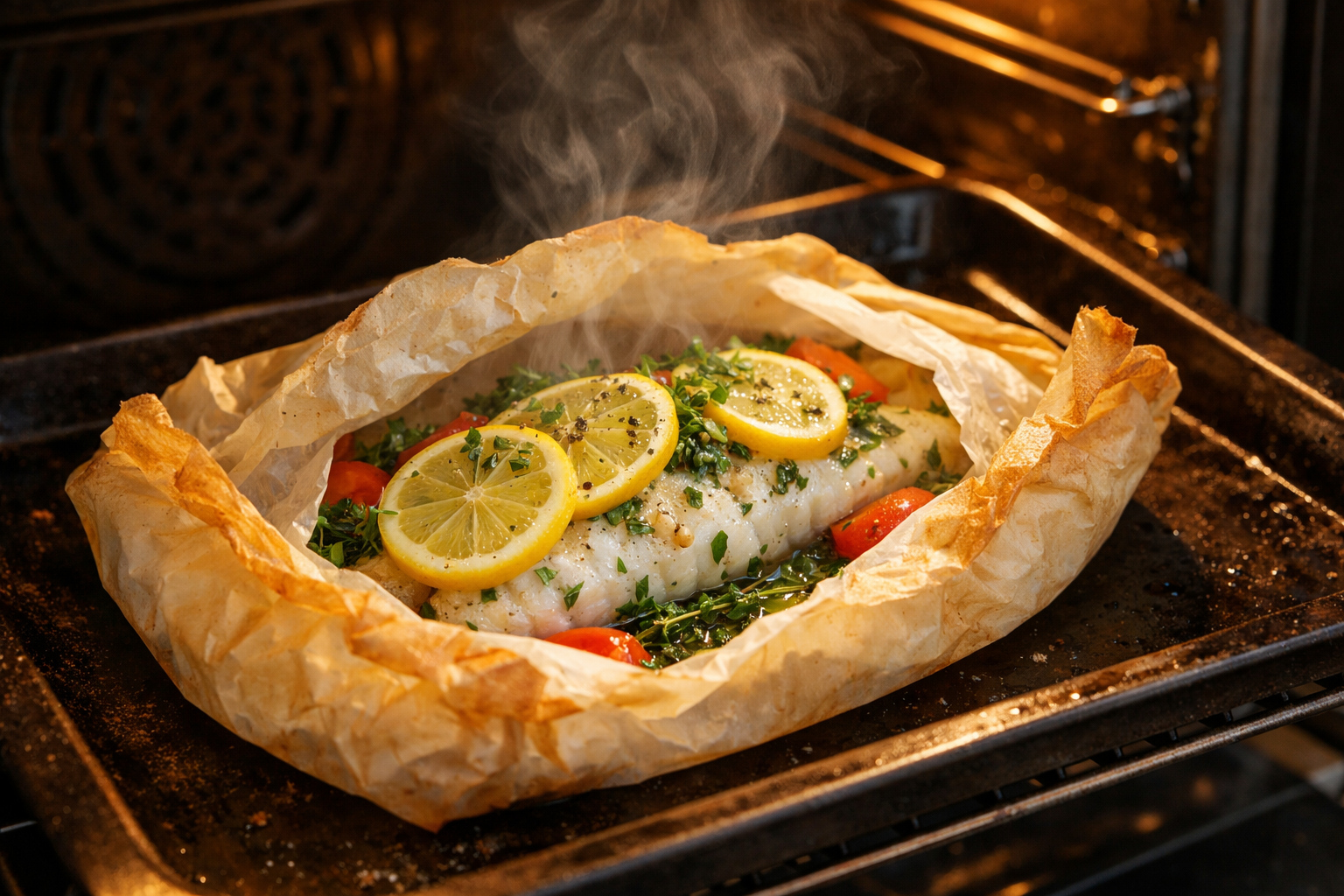 Fırın tepsisinde kağıt içinde pişen balık fileto paketi