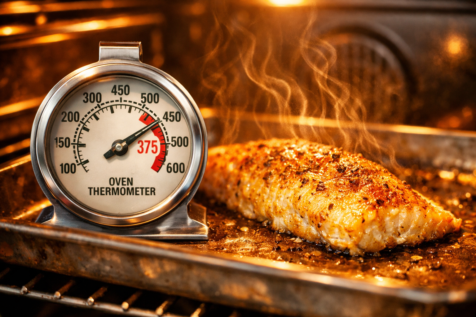 Fırın termometresi ve balık filetosu — ısı kontrolü görseli