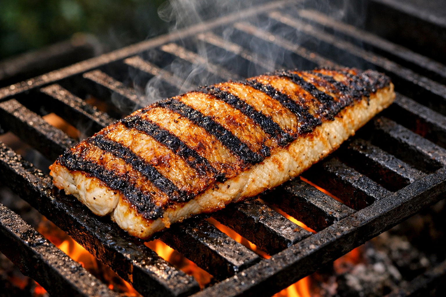 Izgara ızgarasında çizgili iz bırakılmış balık fileto