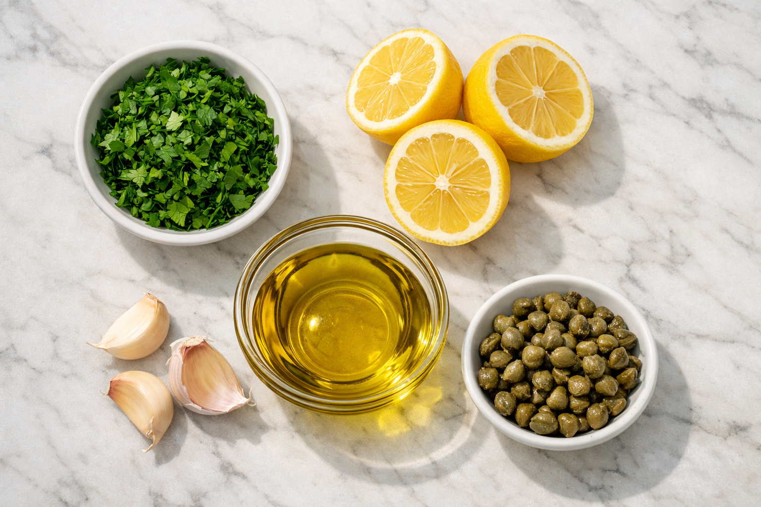 Taze maydanoz, limon ve zeytinyağı ile hazırlanmış balık sos malzemeleri