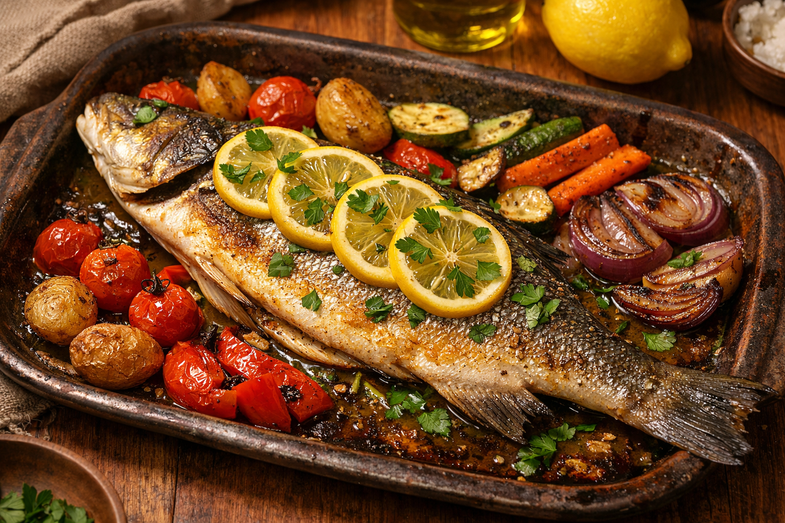 Fırın tepsisinde pişirilmiş bütün levrek, üzerinde limon ve maydanoz