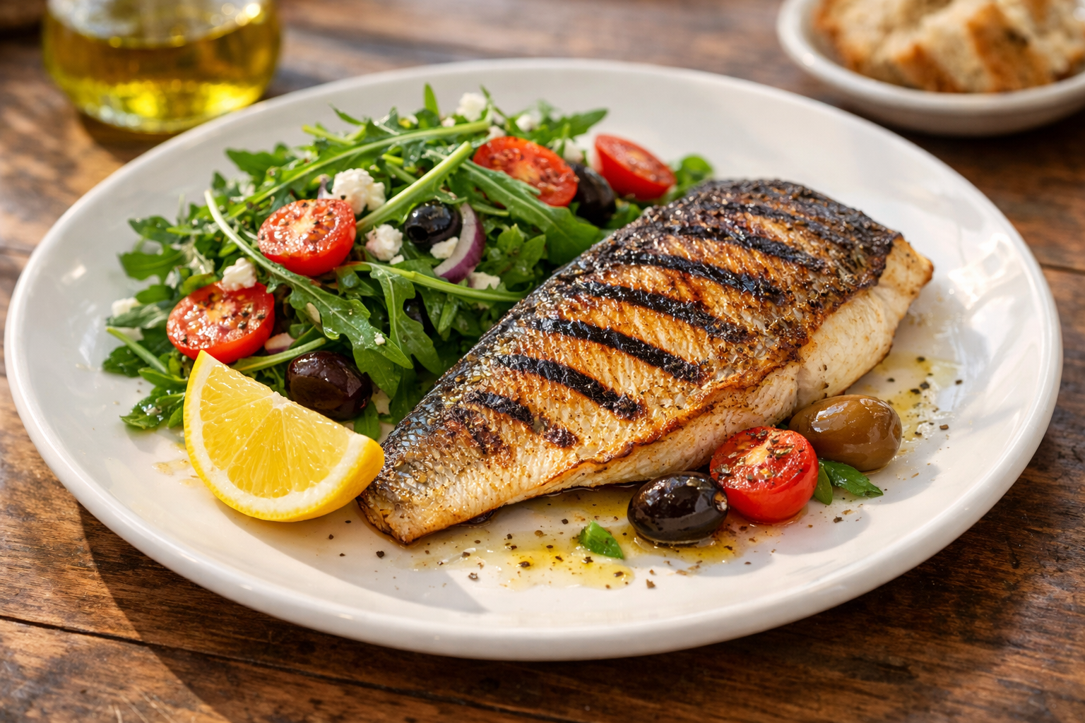 Izgara ızgarasında derisiyle pişirilmiş çipura fileto tabağı