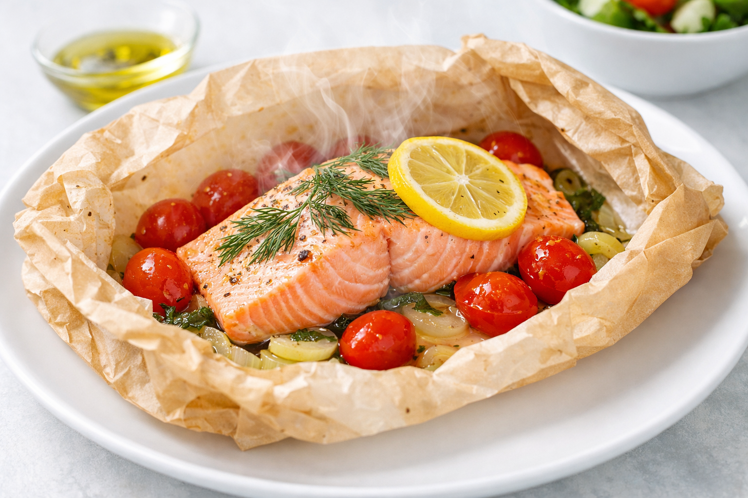 Fırın kağıdı paketinde pişmiş somon fileto, açık hâliyle