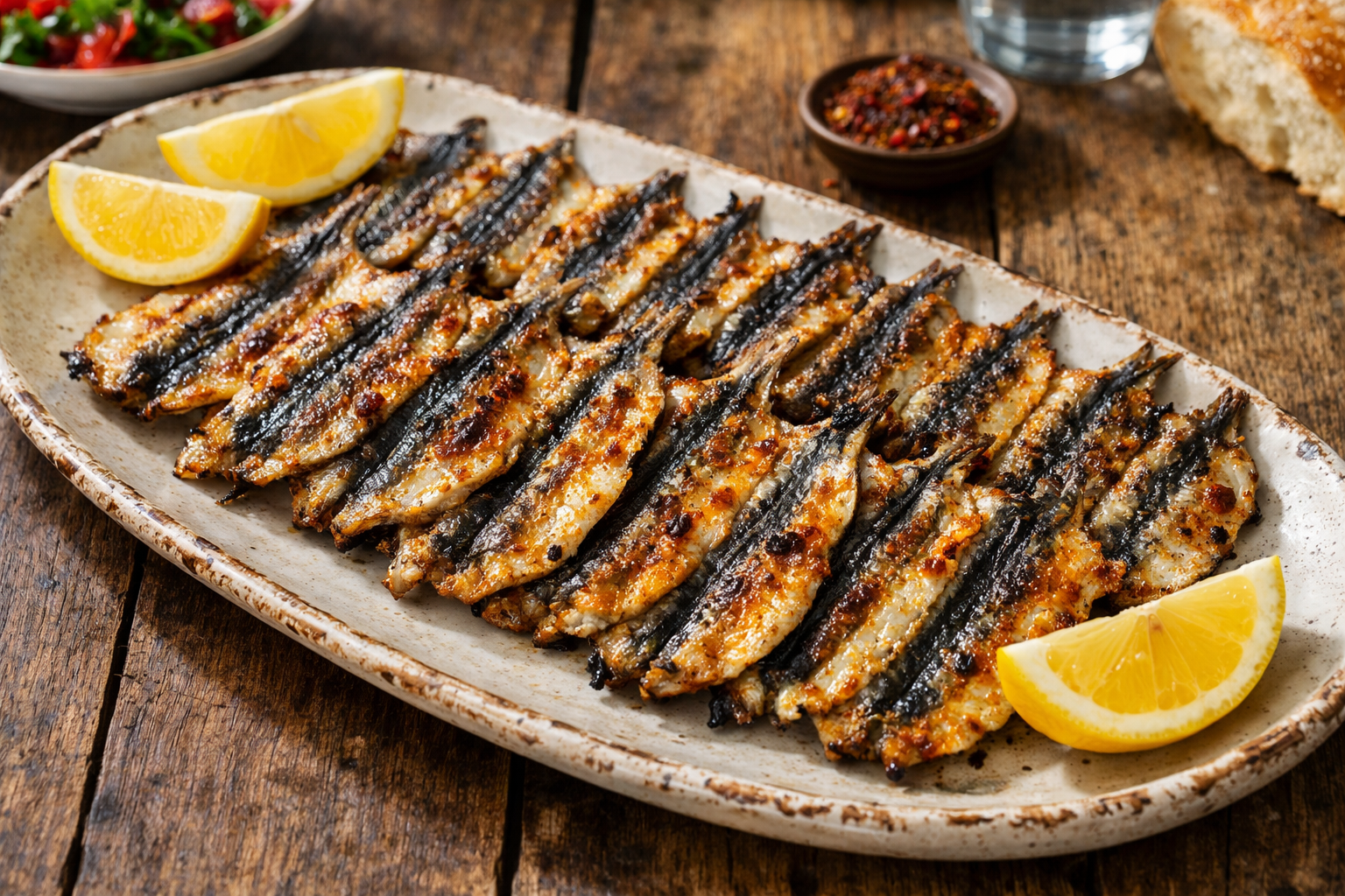 Izgara ızgarasında pişirilmiş sırt açık hamsi sırası