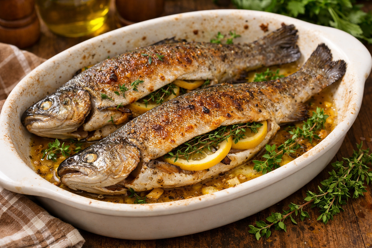 Limon dilimleri ve kekikle doldurulmuş bütün fırın alabalığı