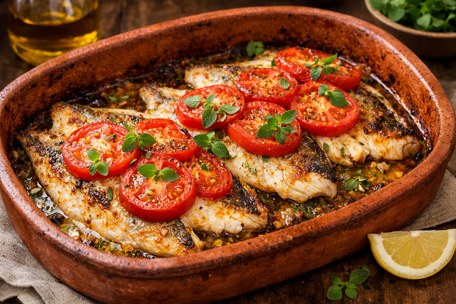 Zeytinyağı ve domates dilimleriyle fırın tepsisinde pişirilmiş çipura fileto