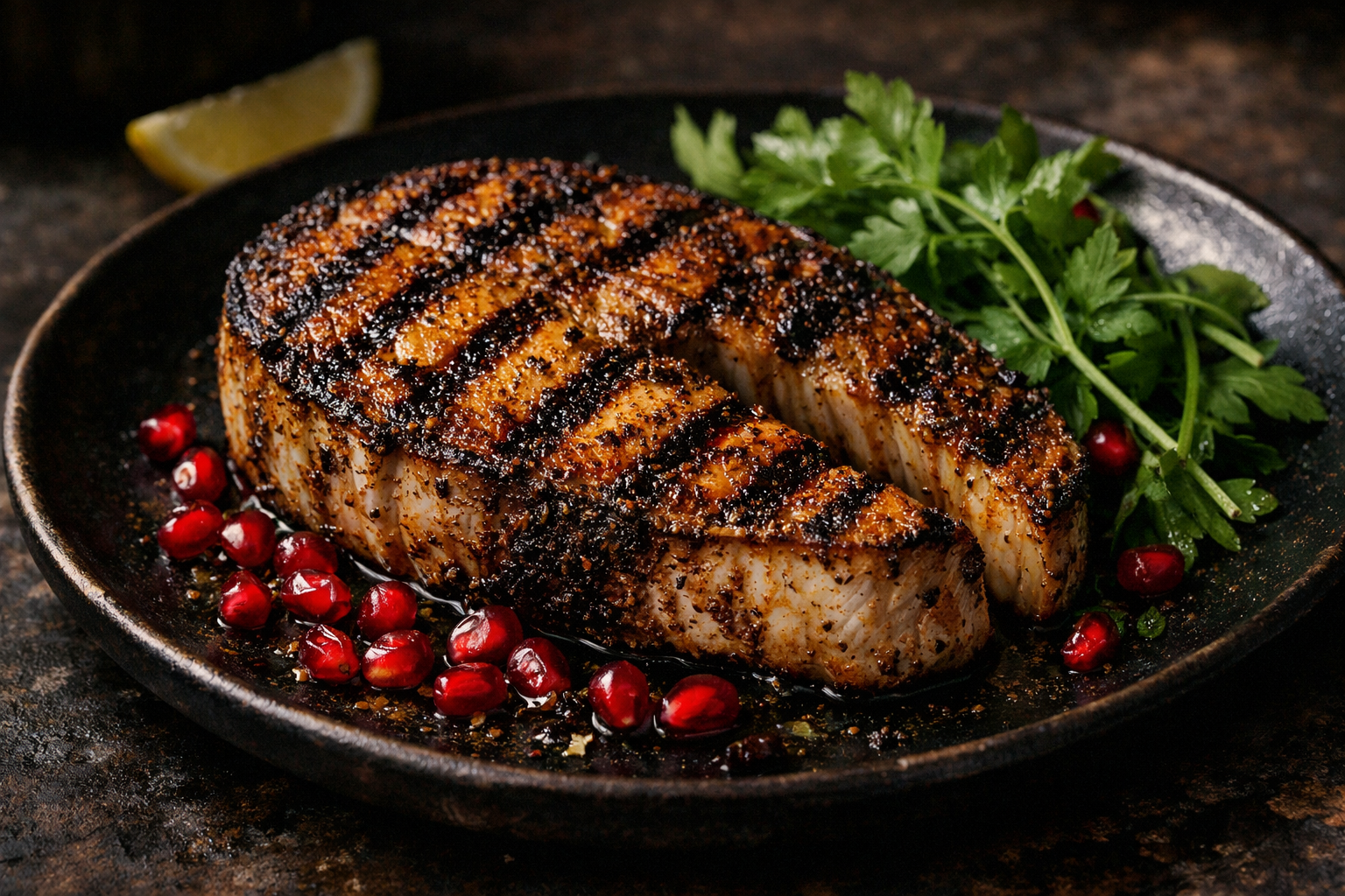 Yüksek ısılı ızgarada pişirilmiş baharatlı palamut dilimi