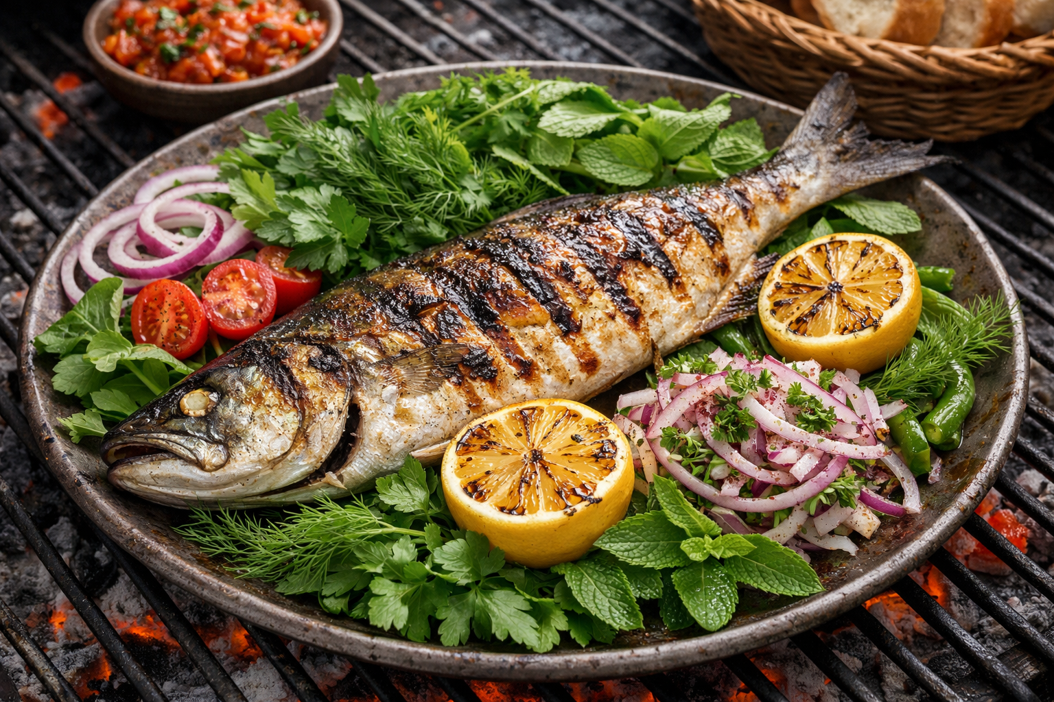 Izgara ızgarasında pişirilmiş orta boy lüfer, taze otlar ile servis
