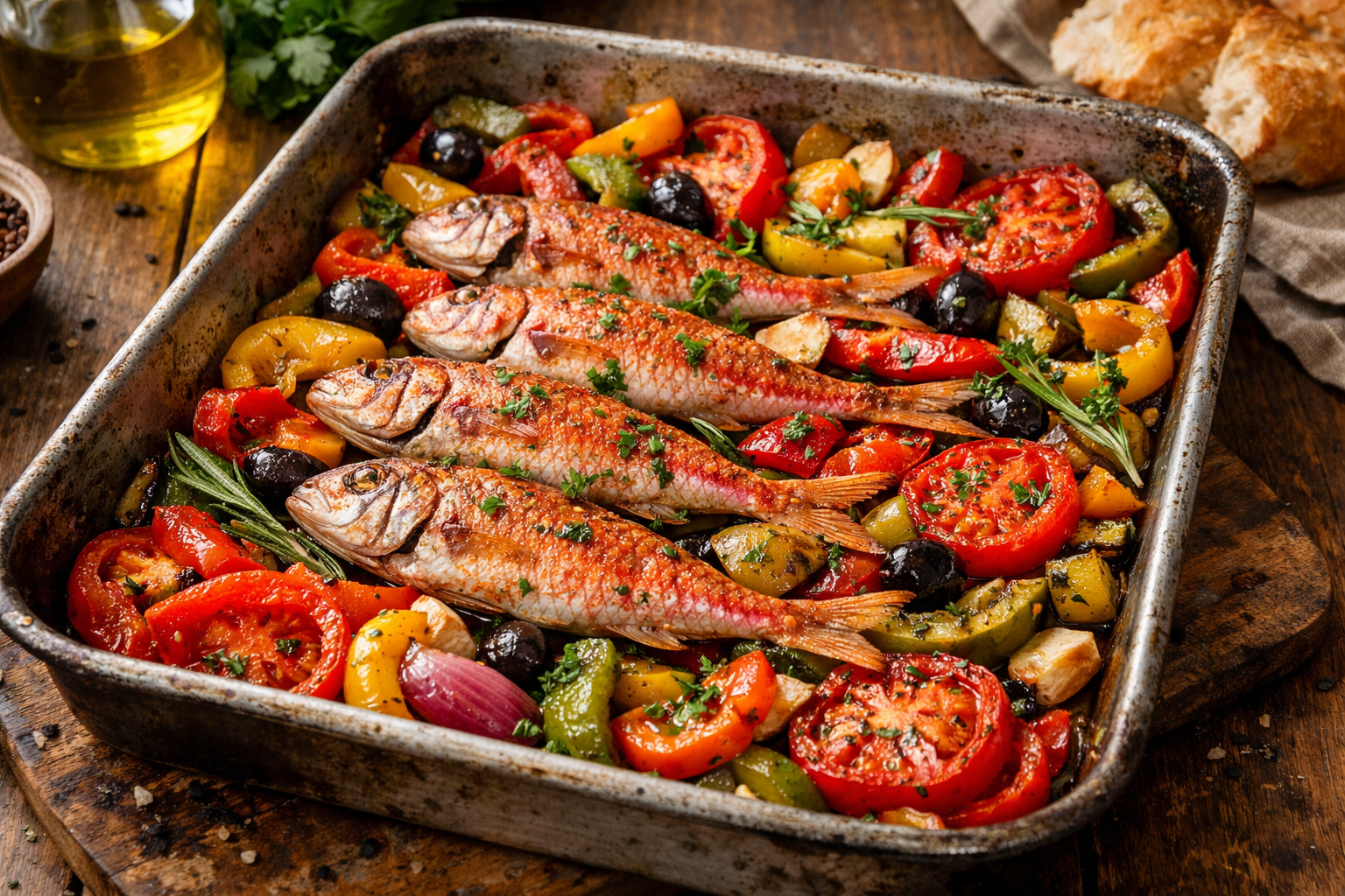 Fırın tepsisinde biber ve domates ile pişirilmiş küçük barbunya balıkları