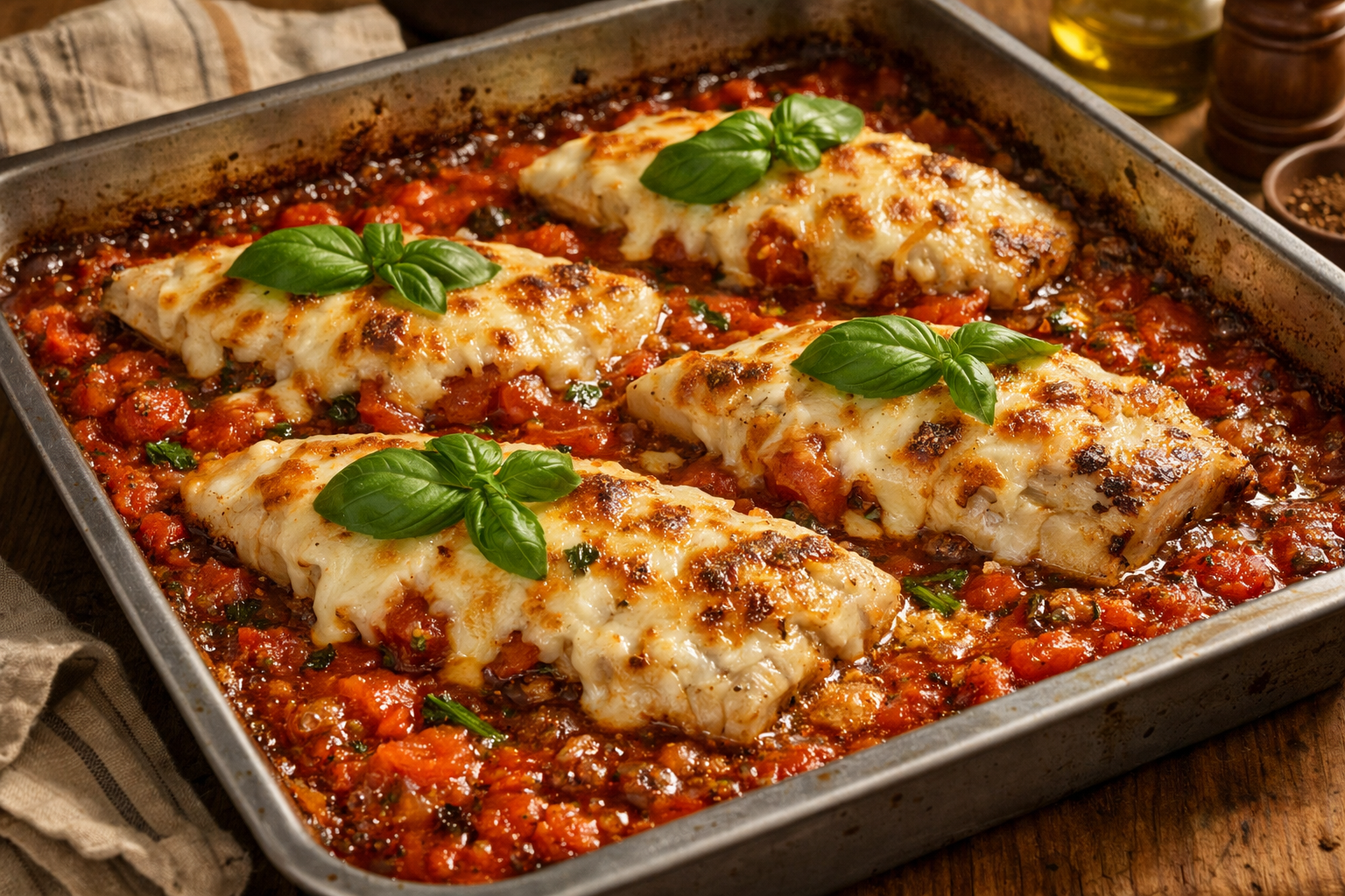 Domates tabanlı tepsinin üzerinde pişirilmiş balık fileto