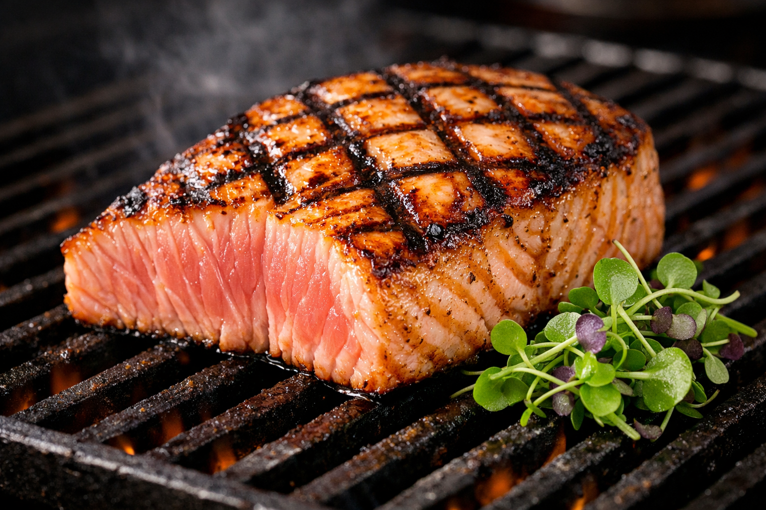 Izgara ızgarasında çizgili iz almış somon dilimi, pembe içi görünür