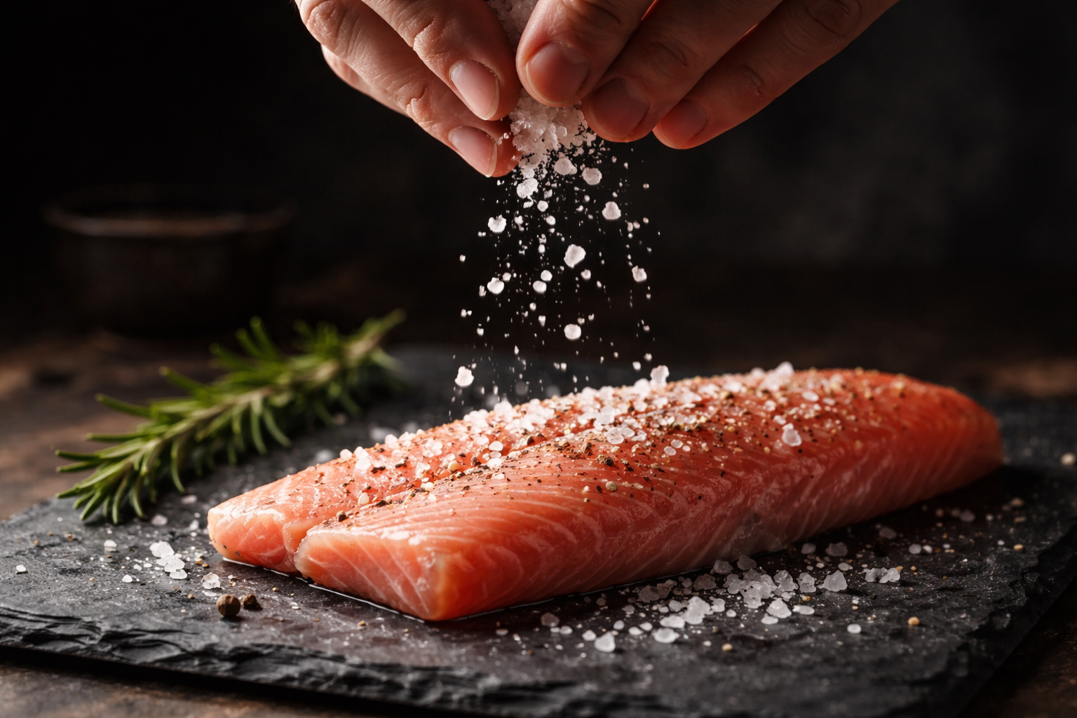 Balık filetosu üzerine deniz tuzu serpilmesi — tuzlama tekniği